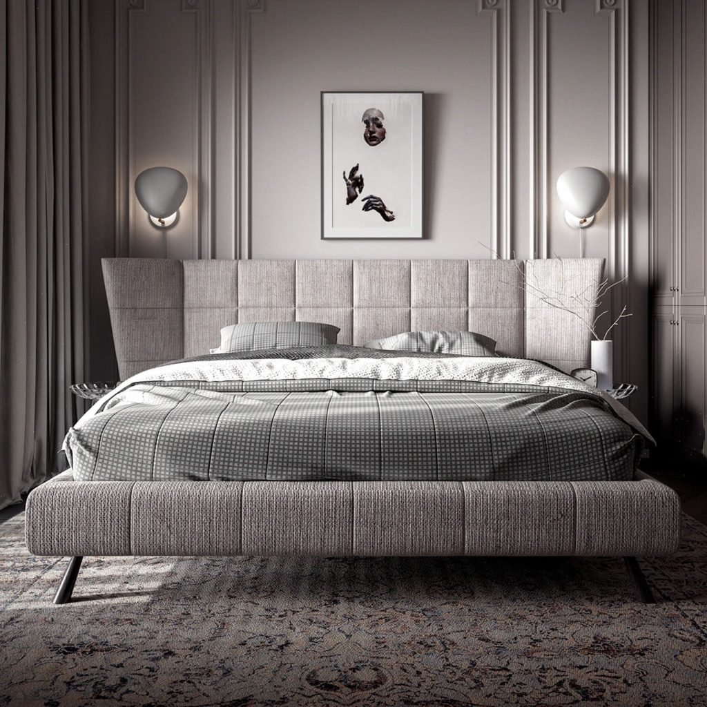Thematic image about how to choose the right bed. Double bed in grey colors with a headboard.