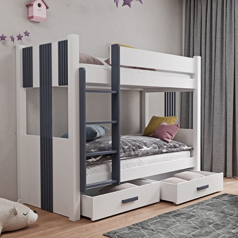 Wooden children's bunk bed in white and grey shades.