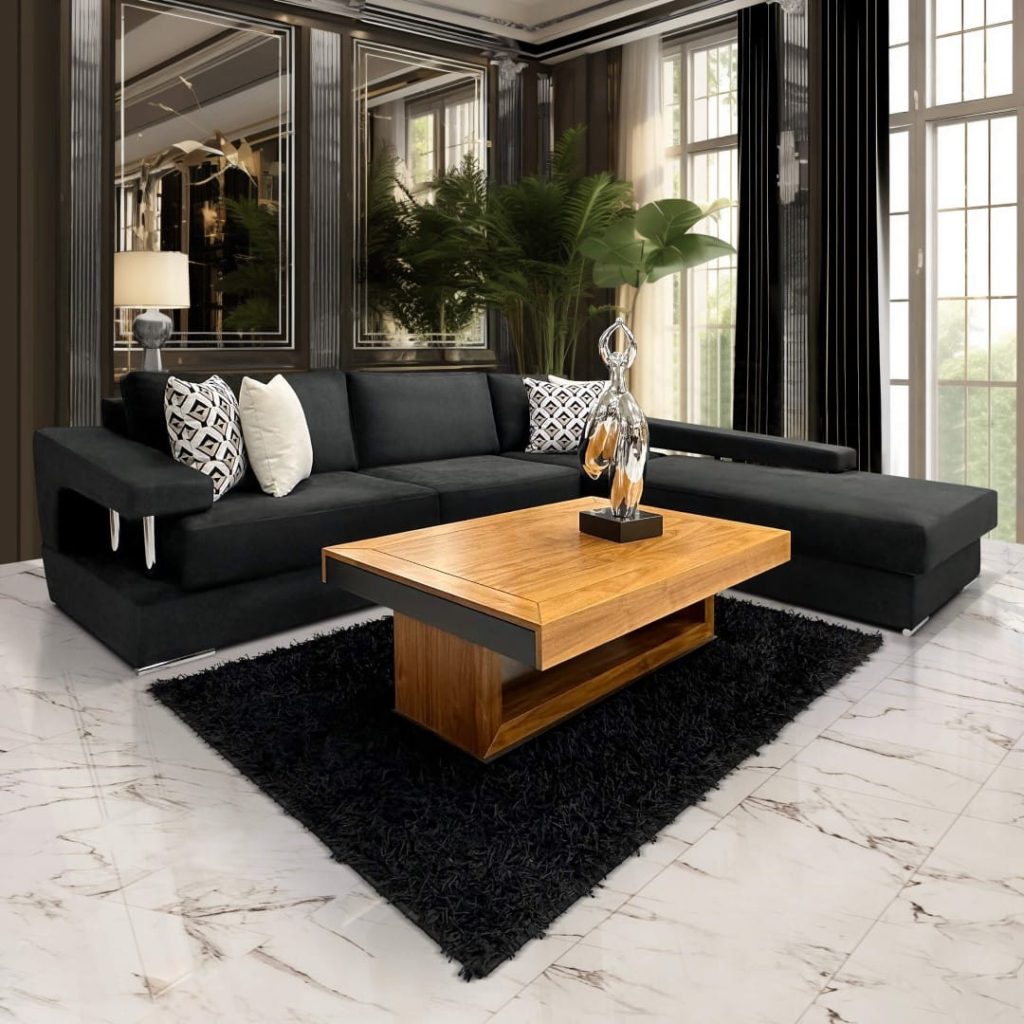 Θεματική εικόνα για το ποιο είναι το καλύτερο ξύλο για έπιπλα. Χαμηλό, ξύλινο, καφέ τραπεζάκι σαλονιού πάνω σε μαύρο χαλί.