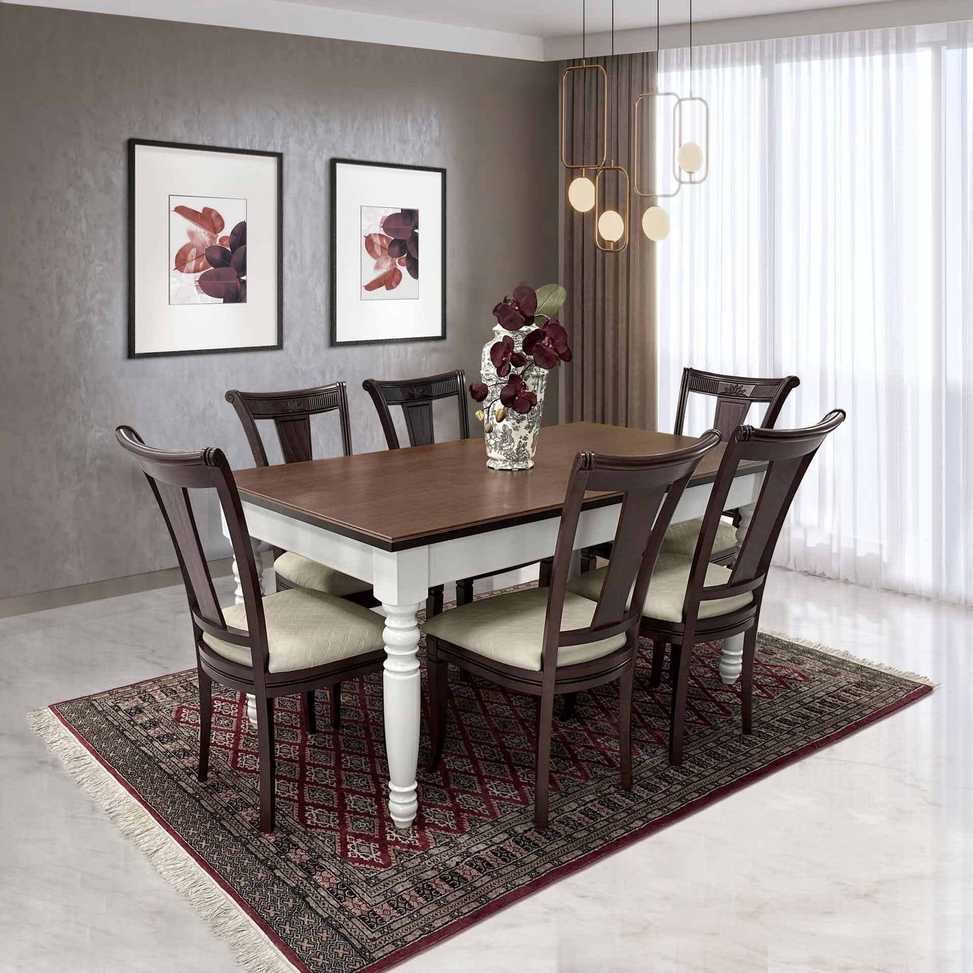 Traditional style wooden dining chairs, dressed with beige-white fabric.