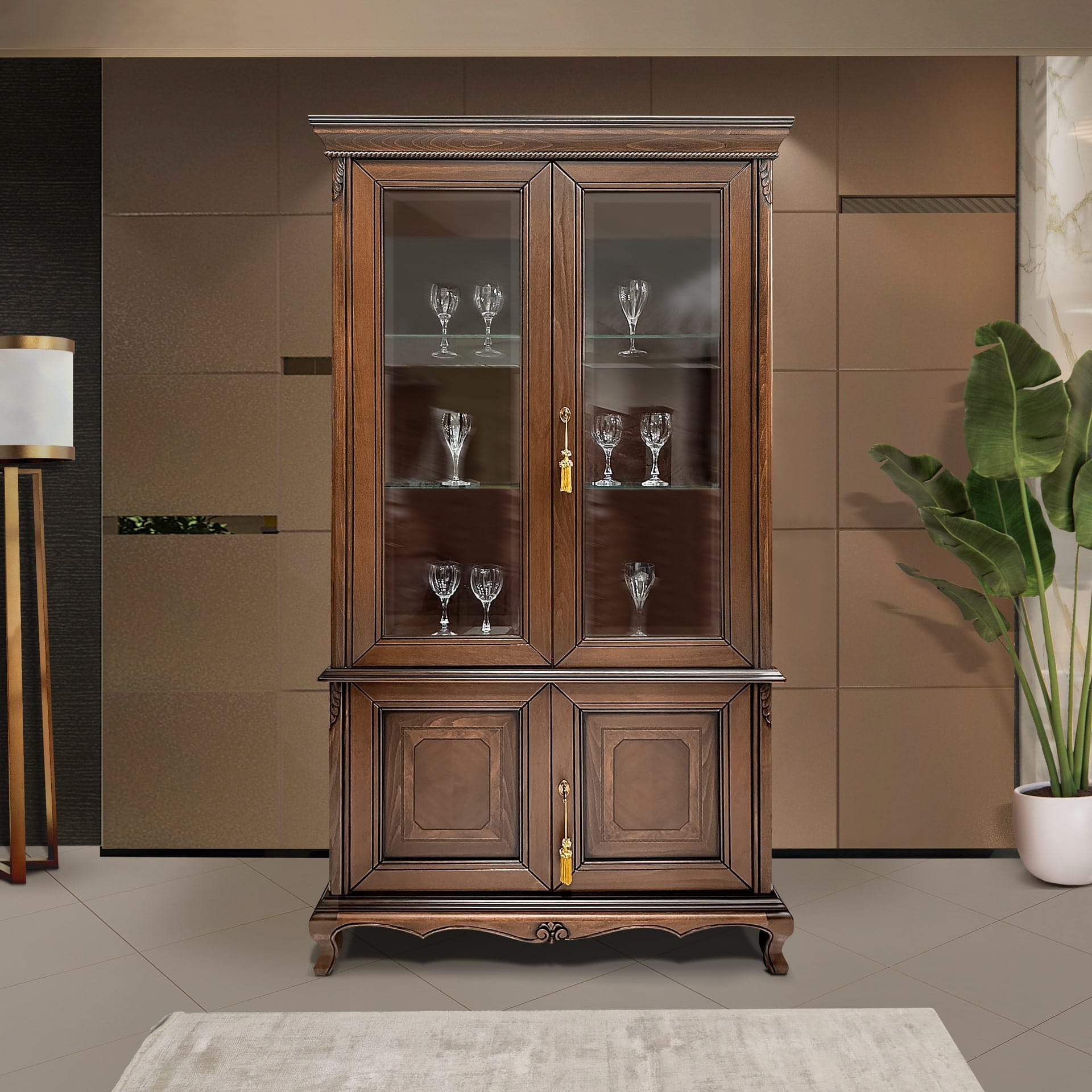 Classic wooden crystal cabinet Louis Quinze. With glass display case in which wine glasses are displayed.