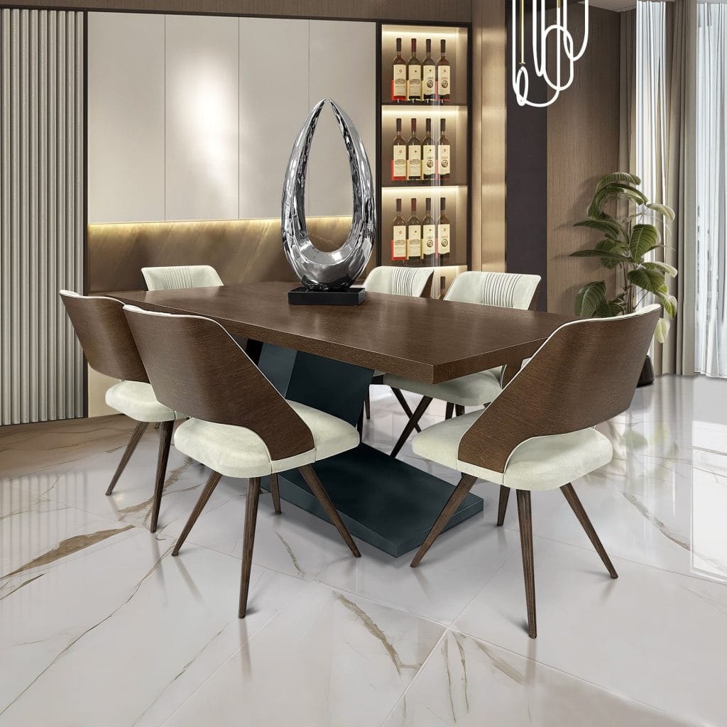 Θεματική εικόνα για το πώς καθαρίζω ξύλινα έπιπλα. Ξύλινη τραπεζαρία σετ με ένα μεγάλο διακοσμητικό στο κέντρο της.