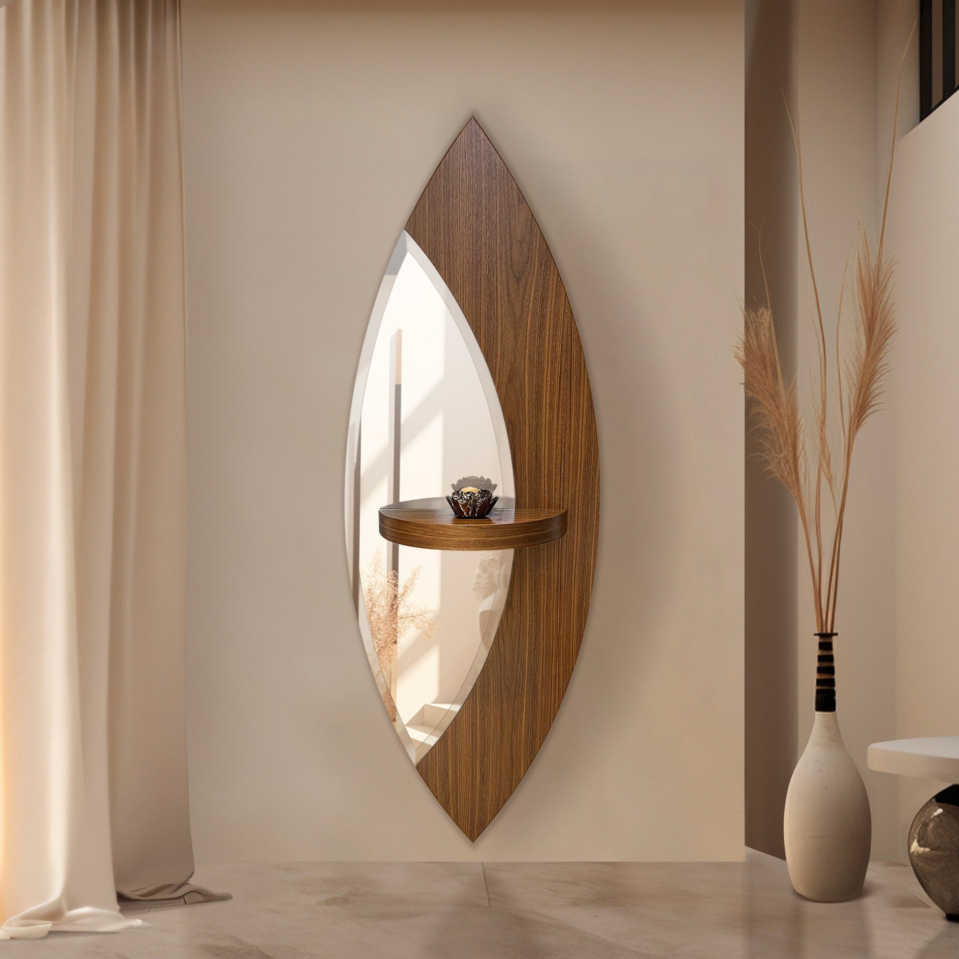 Hyeres wooden entrance furniture with round table and mirror.